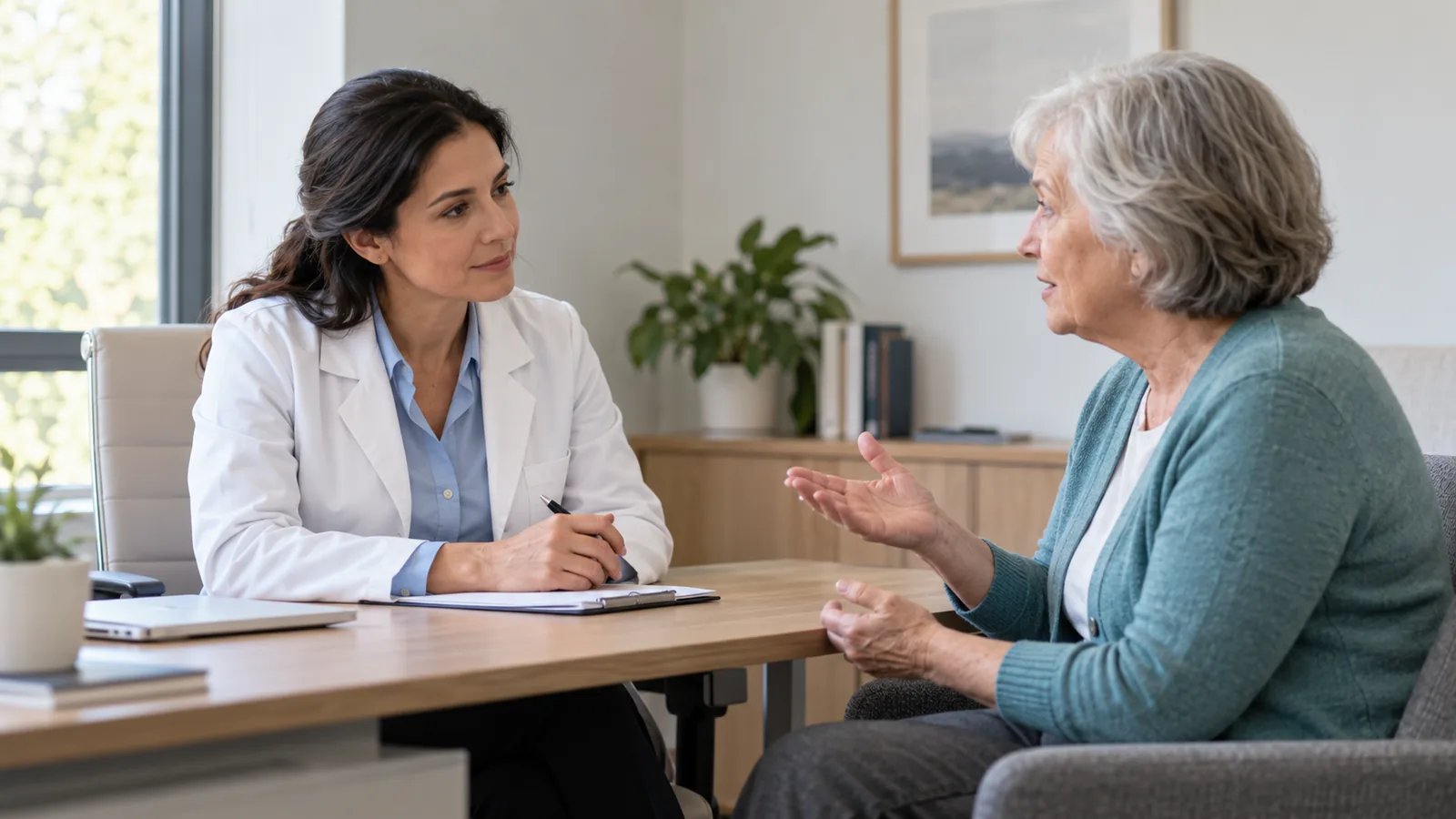 Clinician listening to an older adult during a knee consultation