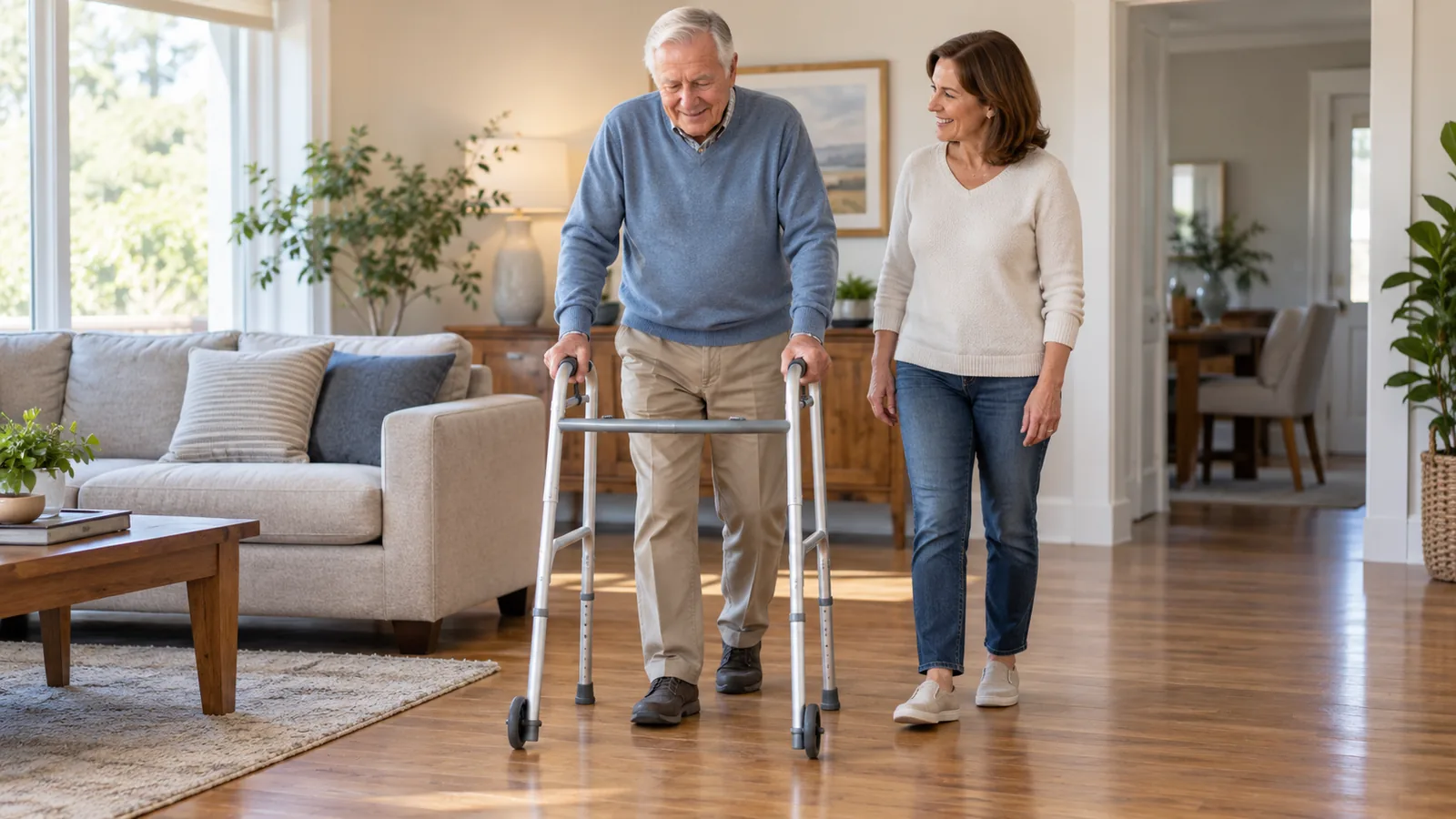 Older adult using a front-wheeled walker at home with a family helper nearby